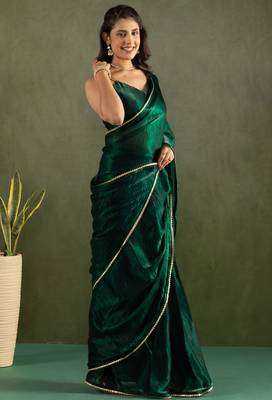 pre draped green chiffon solid partywear saree 5