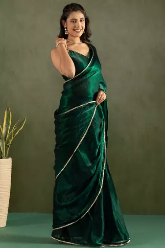 pre draped green chiffon solid partywear saree