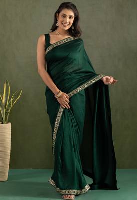 pre draped dark green chiffon solid partywear saree 1