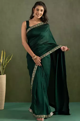 Dark green color chiffon fabric ready to wear designer solid partywear saree