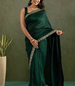 ready to wear dark green color chiffon fabric solid partywear saree