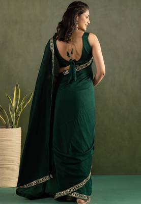 pre draped dark green chiffon solid partywear saree 2
