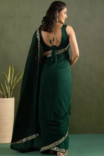 ready to wear dark green color chiffon fabric solid partywear saree