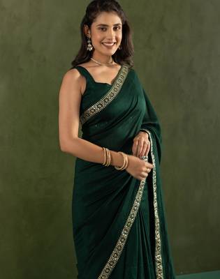 pre draped dark green chiffon solid partywear saree 3