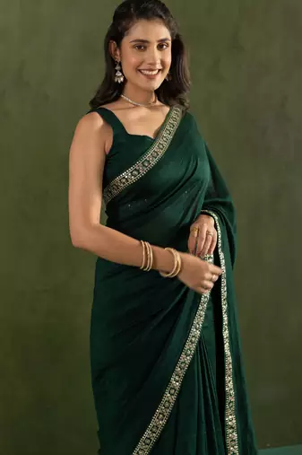 ready to wear dark green color chiffon fabric solid partywear saree