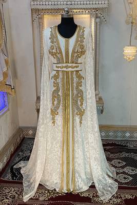 White and gold moroccan hand beaded designer kaftan 1