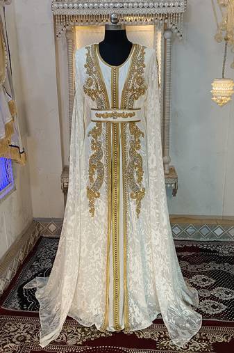 White and gold moroccan hand beaded designer kaftan