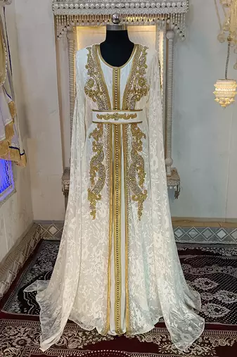 White and gold moroccan hand beaded designer kaftan