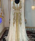White and gold moroccan hand beaded designer kaftan