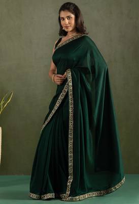 pre draped dark green chiffon solid partywear saree 4