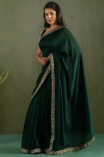 ready to wear dark green color chiffon fabric solid partywear saree