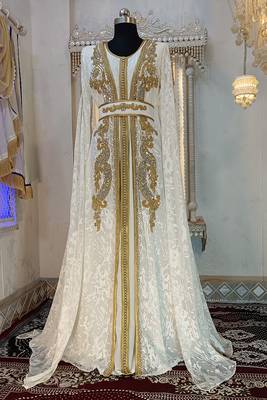 White and gold moroccan hand beaded designer kaftan 2