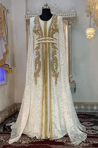 White and gold moroccan hand beaded designer kaftan