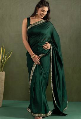 pre draped dark green chiffon solid partywear saree 5