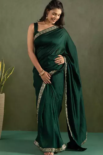 ready to wear dark green color chiffon fabric solid partywear saree
