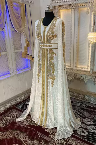 White and gold moroccan hand beaded designer kaftan