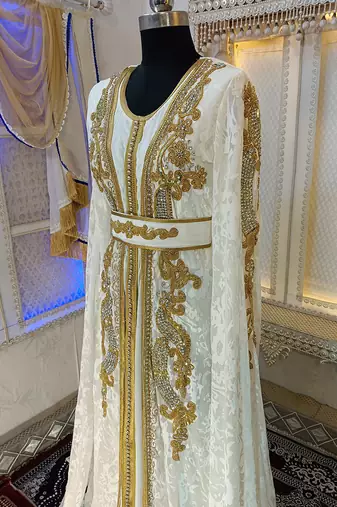 White and gold moroccan hand beaded designer kaftan