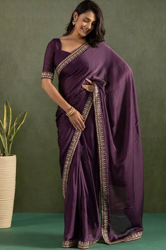 Purple color chiffon fabric ready to wear designer solid partywear saree