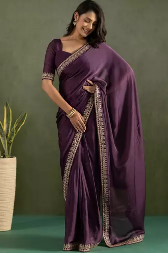 Purple color chiffon fabric ready to wear designer solid partywear saree