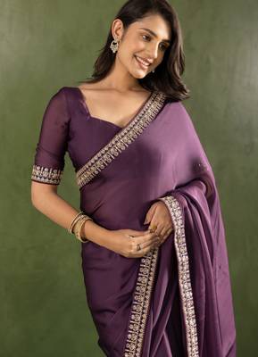 ready to wear purple chiffon solid partywear saree 3