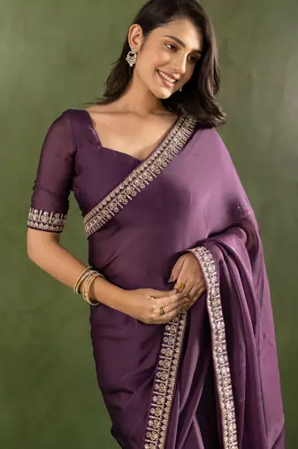 ready to wear purple chiffon solid partywear saree