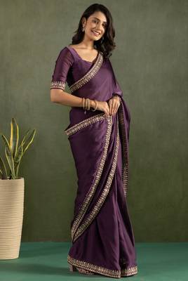ready to wear purple chiffon solid partywear saree 5