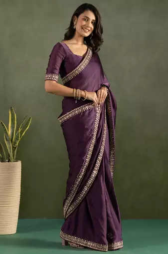 ready to wear purple chiffon solid partywear saree