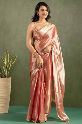 Rose gold color chiffon fabric ready to wear designer solid partywear saree