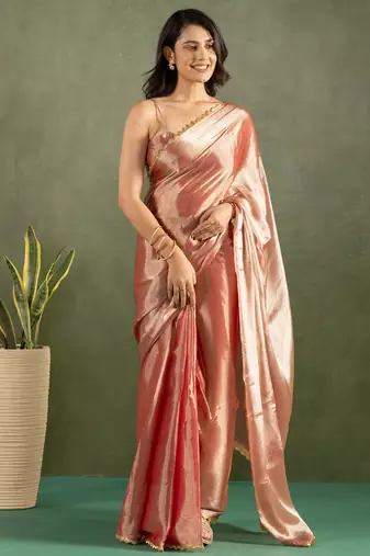 Rose gold color chiffon fabric ready to wear designer solid partywear saree
