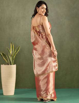 pre-stitched rose gold chiffon solid partywear saree 2