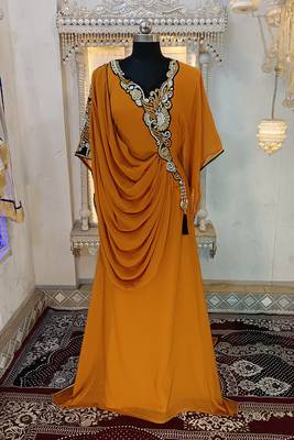 Mustard islamic party wear kaftan dress 2
