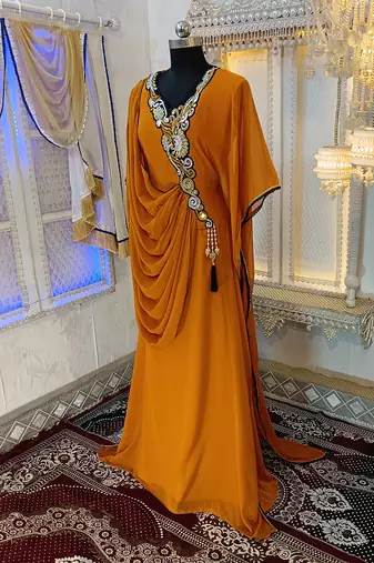 Mustard islamic party wear kaftan dress
