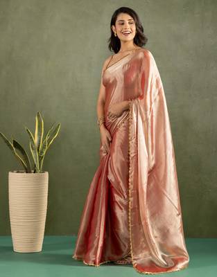 pre-stitched rose gold chiffon solid partywear saree 4