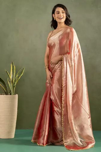 ready to wear rose gold color chiffon fabric solid partywear saree