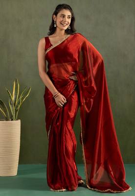 ready made red chiffon solid partywear saree 1