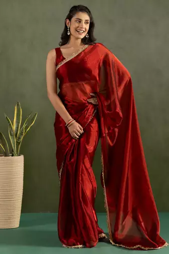 Red color chiffon fabric ready to wear designer solid partywear saree