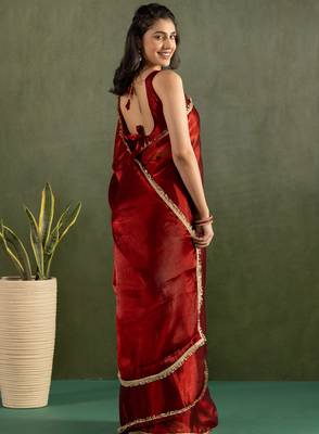 ready made red chiffon solid partywear saree 2
