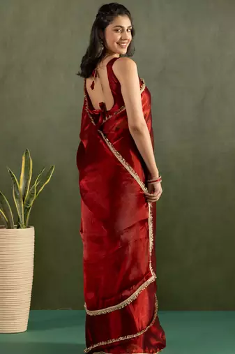 ready made red chiffon solid partywear saree