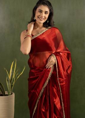 ready made red chiffon solid partywear saree 3