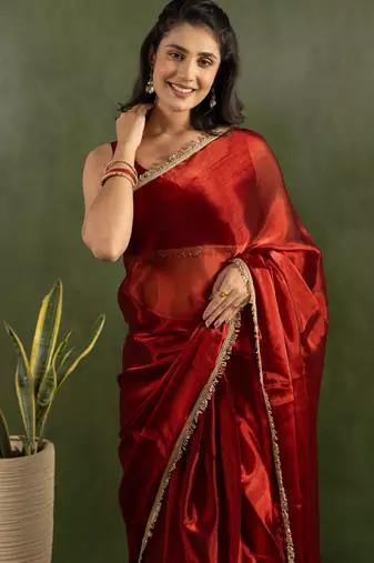 ready made red chiffon solid partywear saree
