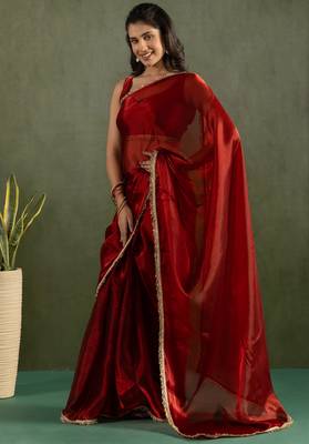 ready made red chiffon solid partywear saree 4