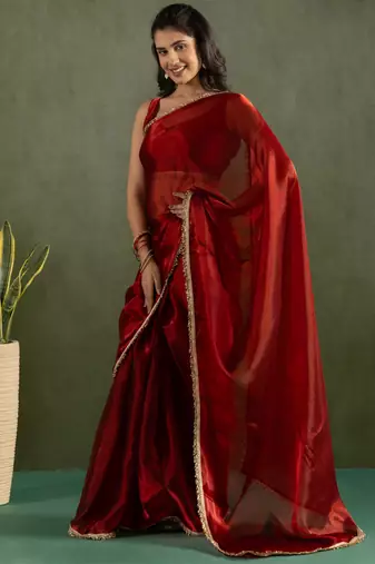 ready made red chiffon solid partywear saree