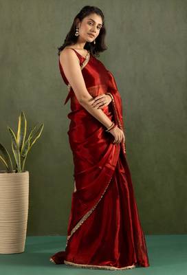 ready made red chiffon solid partywear saree 5