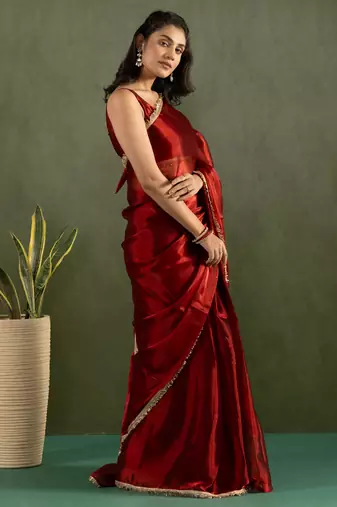 ready made red chiffon solid partywear saree