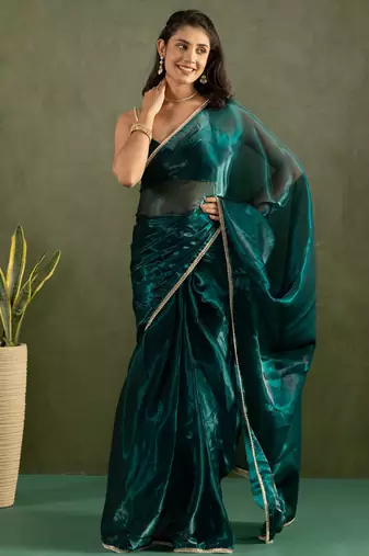 Blue color chiffon fabric ready to wear designer solid partywear saree