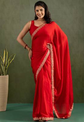 ready to wear red chiffon solid partywear saree 1