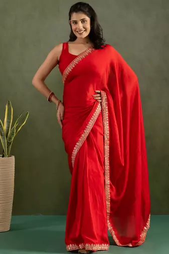 Red color chiffon fabric ready to wear designer solid partywear saree
