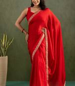 ready to wear red color chiffon fabric solid partywear saree