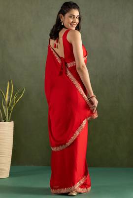 ready to wear red chiffon solid partywear saree 2