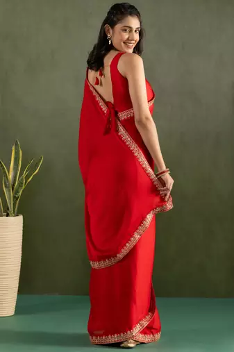 ready to wear red chiffon solid partywear saree